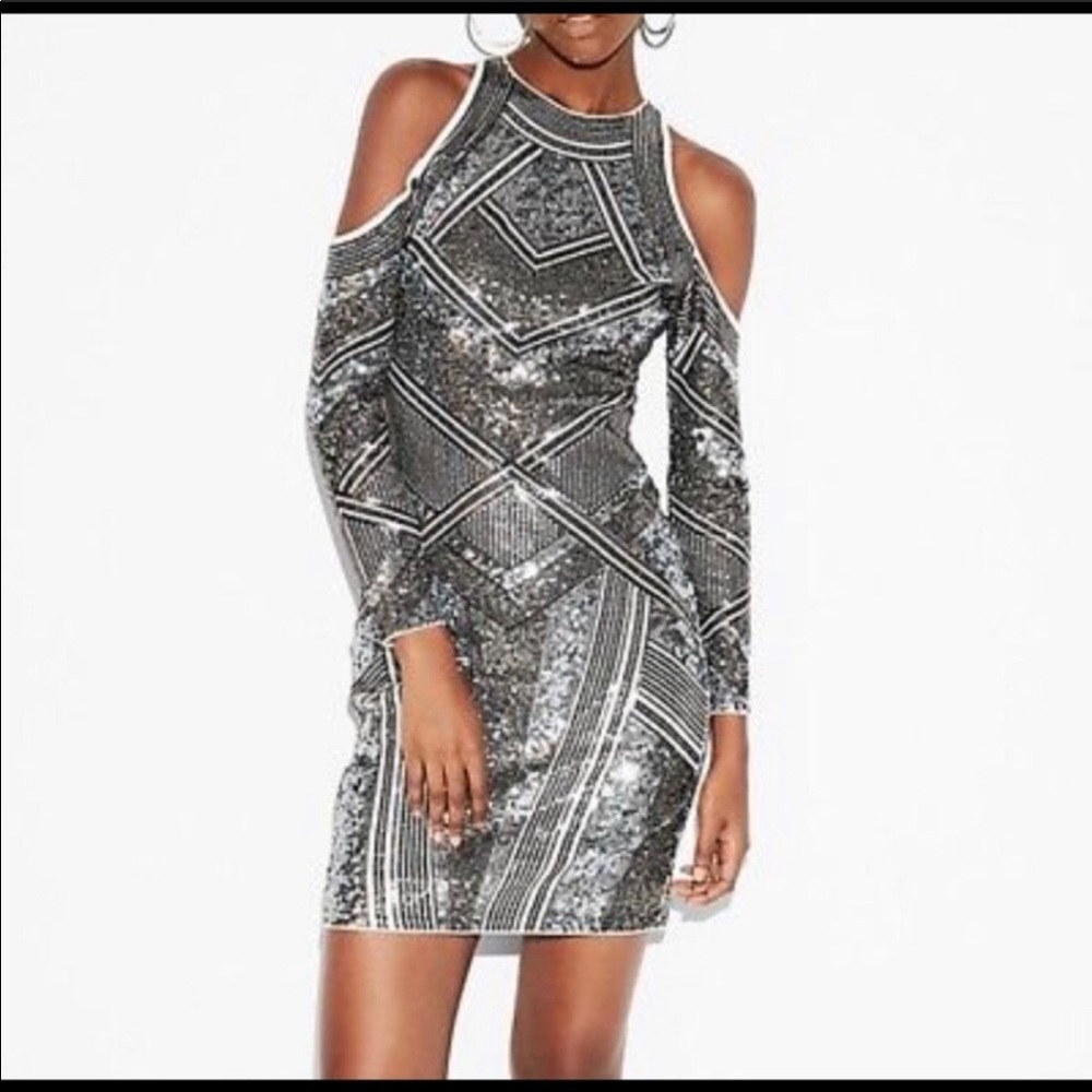 [express] sequined cut out shoulder dress